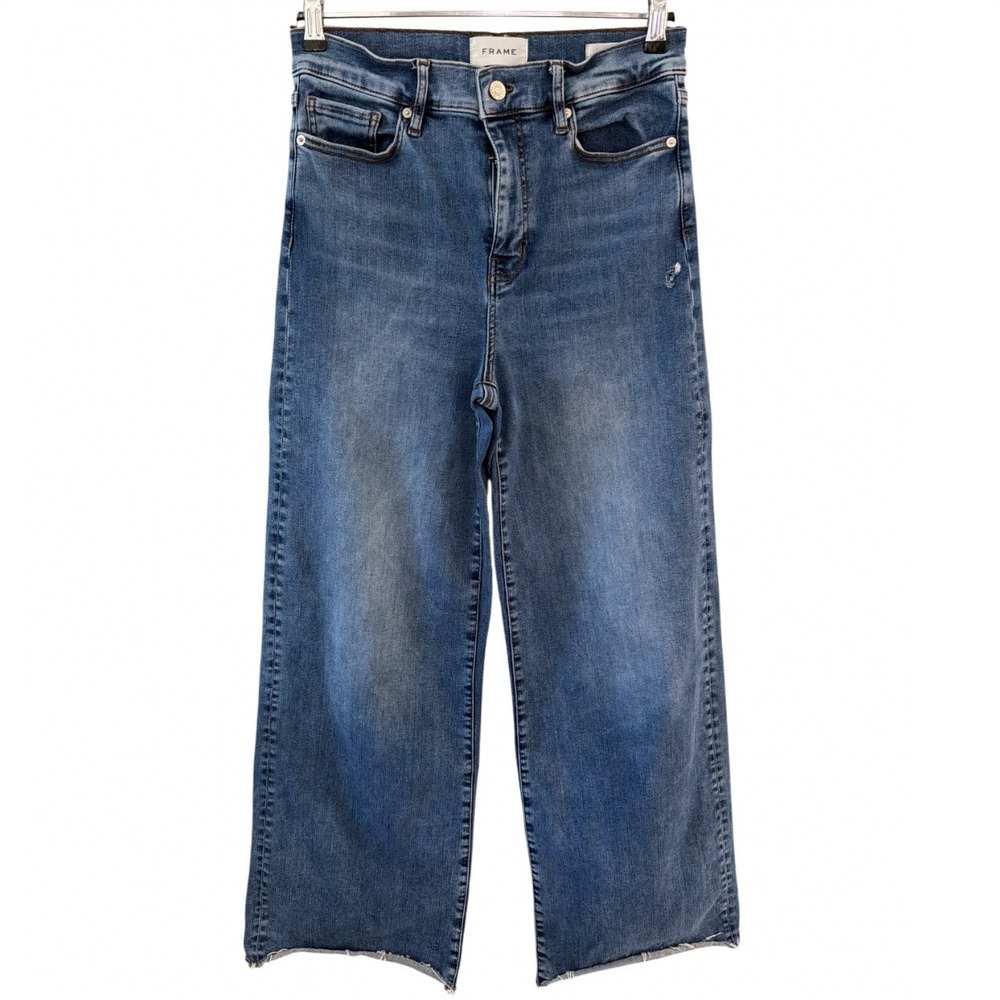 FRAME Le Slim Palazzo High Rise Wide Leg Jeans Mermaid Blue Cutoff Hem Size 29